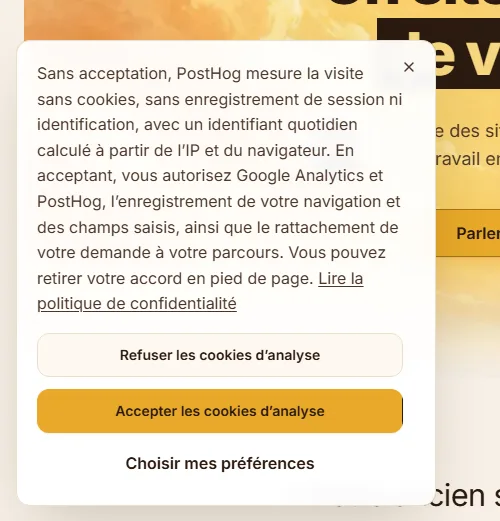 Bandeau de confidentialité d’eljadiworks.com à la première visite, avec les boutons Refuser les cookies d’analyse, Accepter les cookies d’analyse et Choisir mes préférences