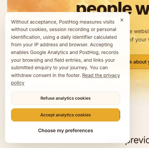 Eljadi WORKS privacy banner on the first visit to eljadiworks.com, with the buttons Refuse analytics cookies, Accept analytics cookies and Choose my preferences