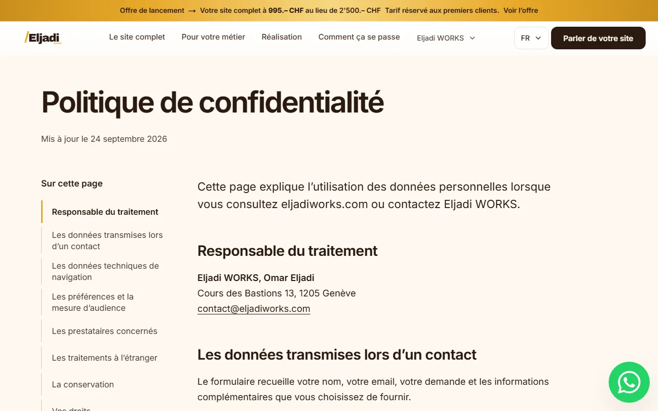 Haut de la politique de confidentialité d’eljadiworks.com, mise à jour le 24 septembre 2026, avec le responsable du traitement et le sommaire des sections