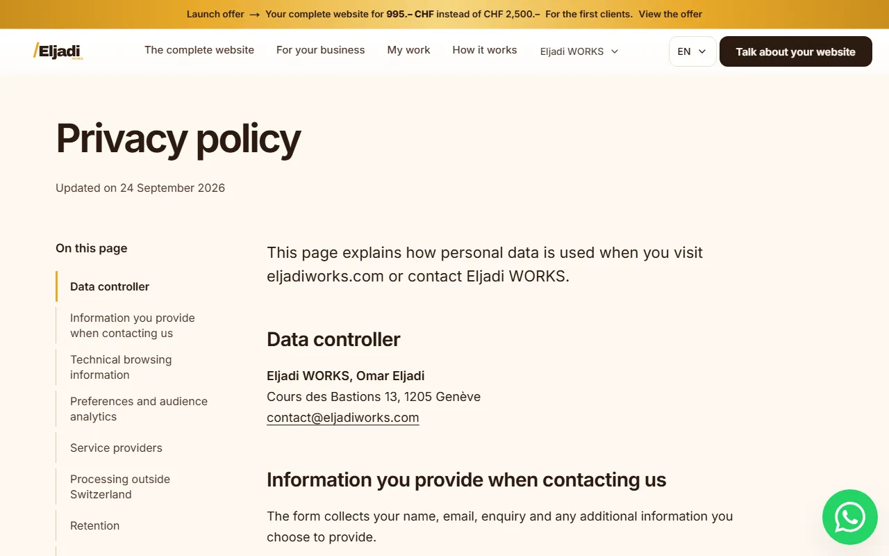Top of the eljadiworks.com privacy policy, updated on 24 September 2026, showing the data controller and the list of sections