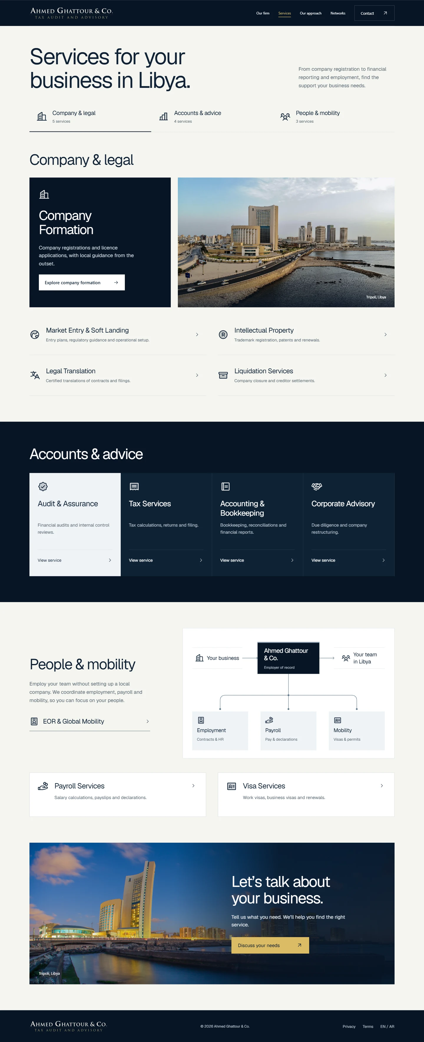 Page des services de la prochaine version du site Ahmed Ghattour & Co.